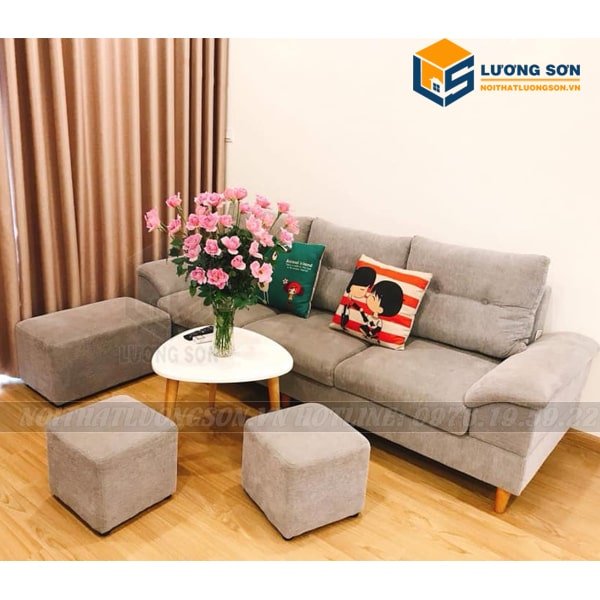 Bộ Sofa góc nỉ đẹp – SFG20 bao gồm 1 văng nỉ dài 2m2, 2 đôn vuông 40×40, 1 đôn dài thông minh 40×70