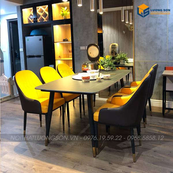Set bộ bàn ăn Alpha mặt đá Ceramic 1m6 + 6 ghế Monet màu cam